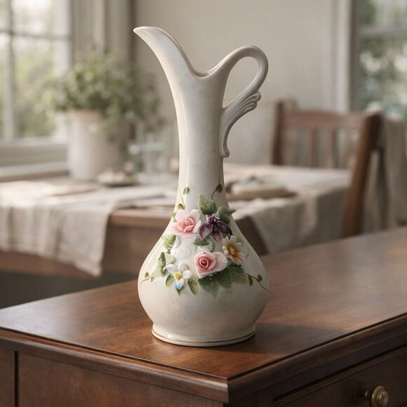 Lefton China Hand Painted Porcelain Pitcher Vase W/ Floral Details 7" Japan Coll - Picture 2 of 11